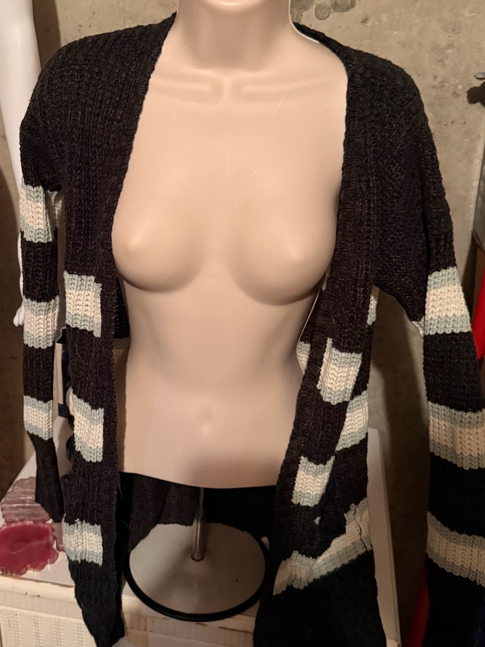 Blue and Cream Striped Open-Front Women's Cardigan Sweater